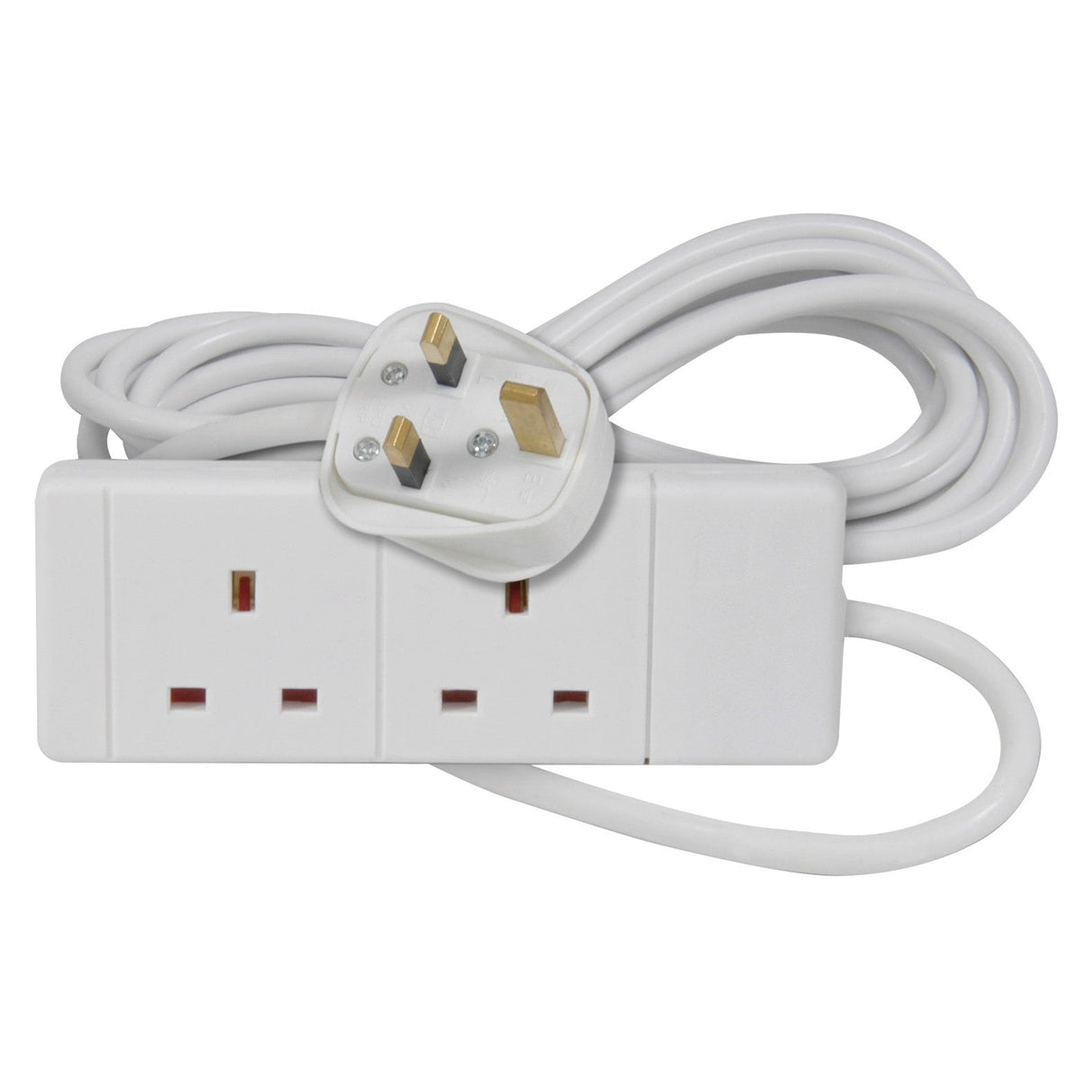 The Mercury 2 Gang Extension Lead - 3m is a white, non-rewireable electrical extension cord featuring a UK plug and two sockets, designed for 13A. The cable is neatly coiled on top of the sockets.