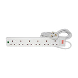 Mercury 6 gang white extension lead with surge protection, six UK 13A sockets, neon indicator and 2m cable with moulded plug on a white background.
