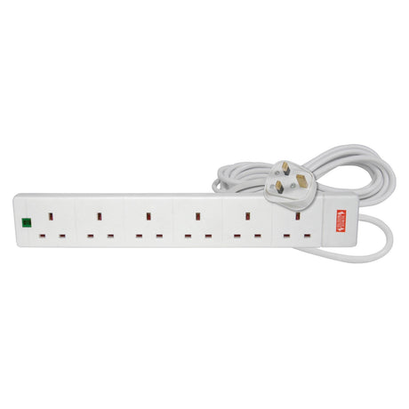 The Mercury 6 Gang Extension Lead with Surge Protection features a white six-outlet design and a coiled white cord equipped with a three-prong plug. It offers reliable surge protection against electrical surges and includes a green power indicator along with a manufacturer's label for dependable performance. The extension lead has a 2-meter length for added convenience.