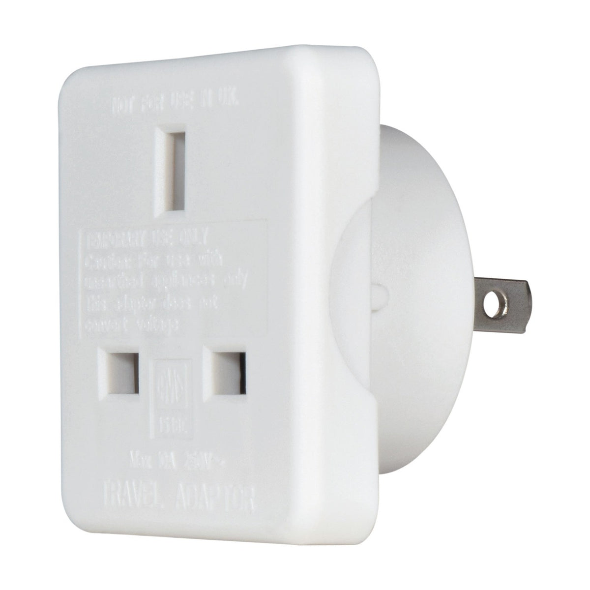 Mercury UK to USA/Australia travel adaptor in white moulded plastic, showing the UK three-pin socket face and flat US pins on the rear.