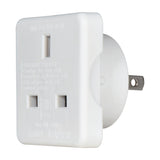Mercury UK to USA/Australia travel adaptor in white moulded plastic, showing the UK three-pin socket face and flat US pins on the rear.