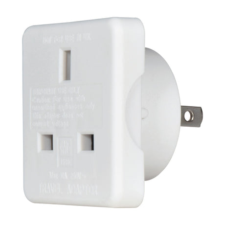Mercury UK to USA/Australia travel adaptor in white moulded plastic, showing the UK three-pin socket face and flat US pins on the rear.
