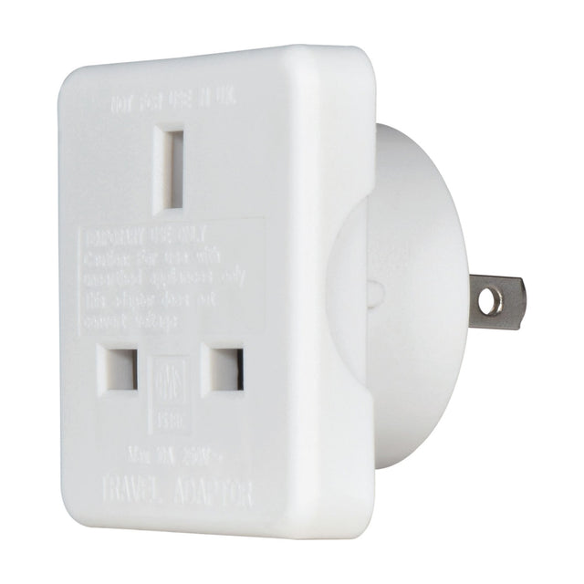Mercury UK to USA/Australia travel adaptor in white moulded plastic, showing the UK three-pin socket face and flat US pins on the rear.