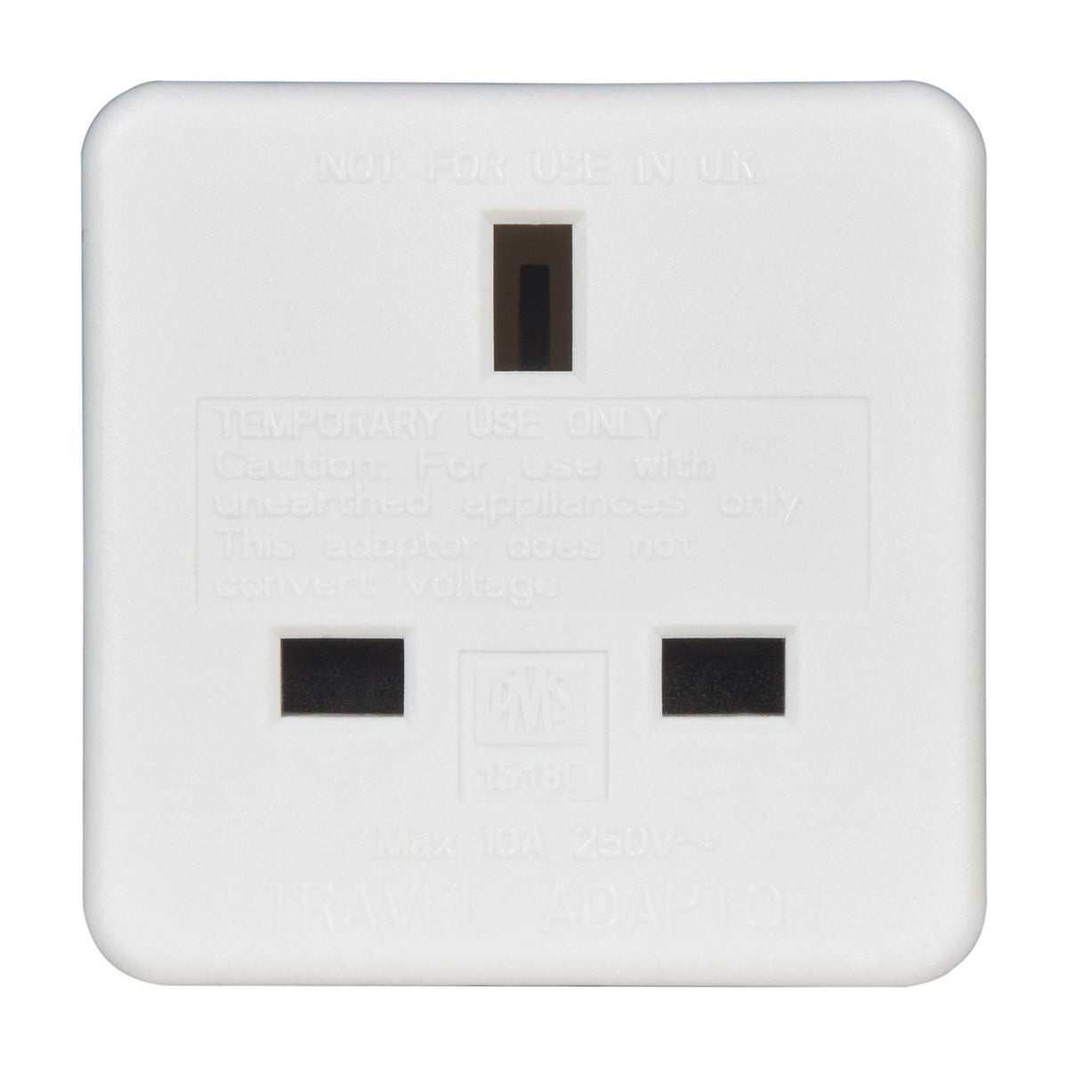 Mercury UK to USA/Australia travel adaptor in white moulded plastic, front view showing the UK three-pin socket, on a plain background.