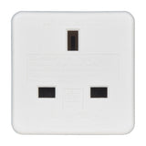 Mercury UK to USA/Australia travel adaptor in white moulded plastic, front view showing the UK three-pin socket, on a plain background.
