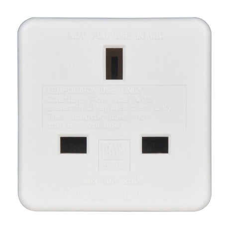 Mercury UK to USA/Australia travel adaptor in white moulded plastic, front view showing the UK three-pin socket, on a plain background.