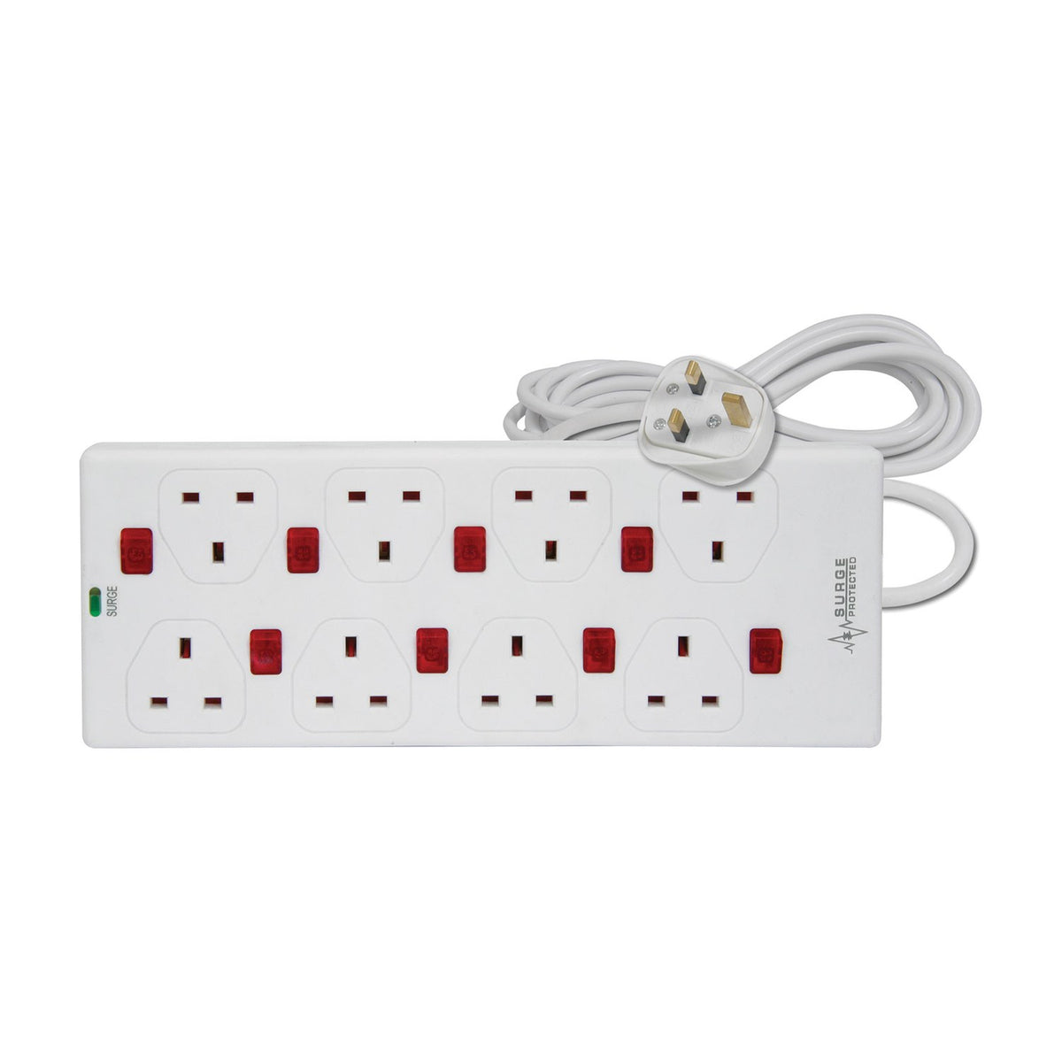 Mercury 8 gang white extension lead by AVSL with individual red neon switches, green surge indicator and coiled 2m cable with UK plug on a white background.