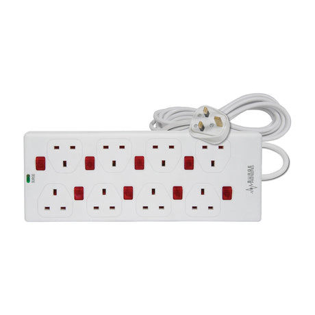 Mercury 8 gang white extension lead by AVSL with individual red neon switches, green surge indicator and coiled 2m cable with UK plug on a white background.