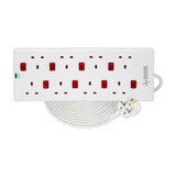 Mercury 8 gang white extension lead with individual red neon switches, surge indicator and coiled 2m cable with UK plug on a white background.