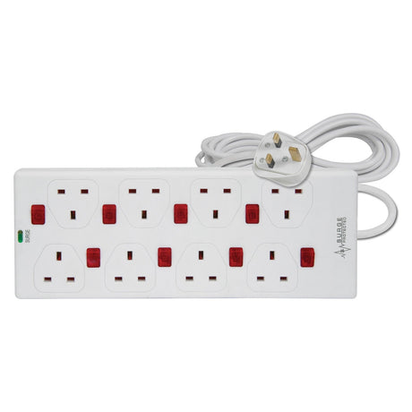 Introducing the Mercury 8 Gang Extension Lead with Anti-Surge Protection and Neon Indicators - a sleek white design featuring eight non-rewireable UK sockets, each equipped with a red switch for individual control. It includes an attached cable with a three-pin plug and provides a green surge indicator light to signal power status. Convenient keyhole slots allow for easy wall mounting, making it an ideal choice for your power needs.