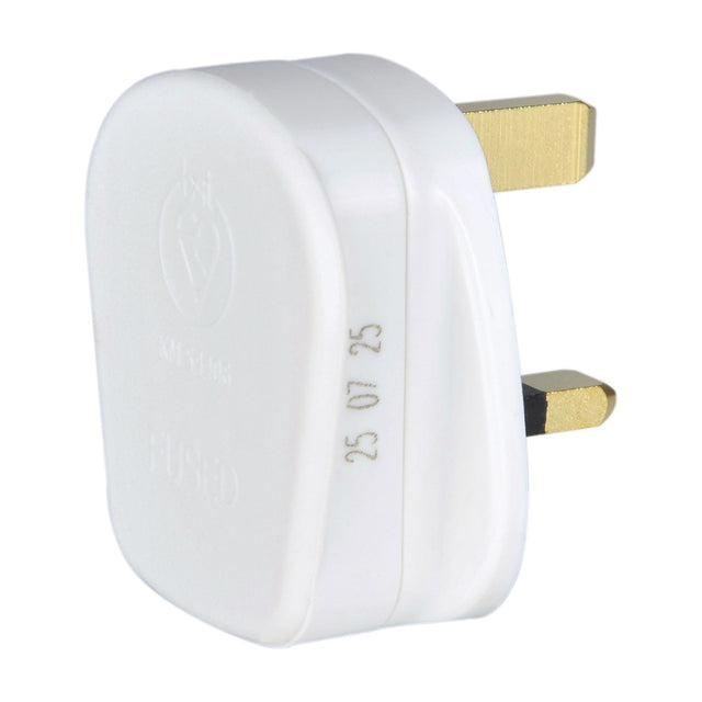 Mercury UK 13A mains plug in white ABS housing with shrouded brass pins and integral fuse, shown against a plain white background.