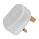 Mercury UK 13A mains plug in white ABS housing with shrouded brass pins and integral fuse, shown on a plain white background.