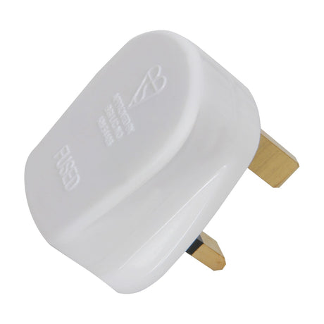 Mercury UK 13A mains plug in white ABS housing with shrouded brass pins and integral fuse, shown on a plain white background.