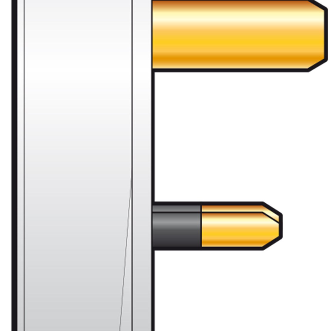 Close-up of the AVSL Mercury UK 13A mains plug showing shrouded brass pins extending from the white ABS housing.