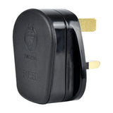 Mercury UK mains plug with 5A fuse, black thermoplastic casing, shrouded brass pins and BS1363 3-pin layout on a white background.