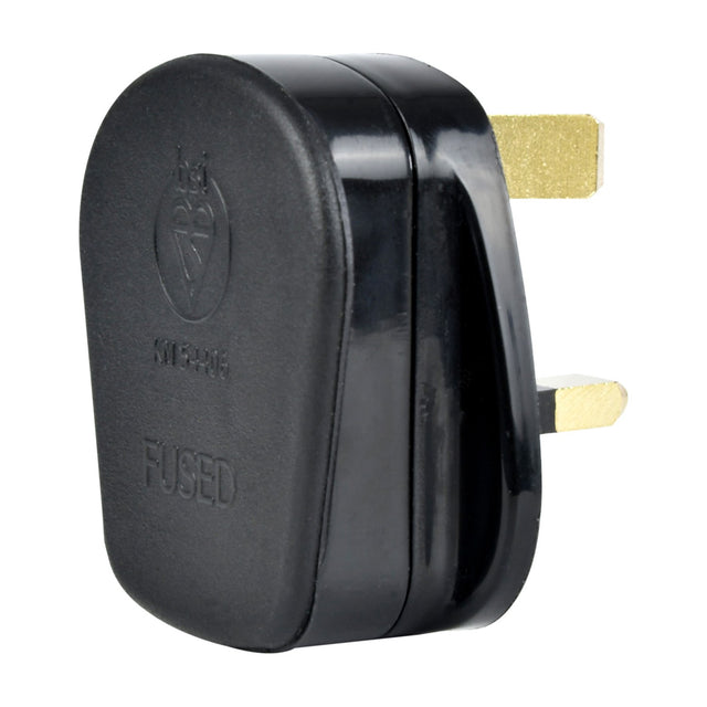 Mercury UK mains plug with 5A fuse, black thermoplastic casing, shrouded brass pins and BS1363 3-pin layout on a white background.