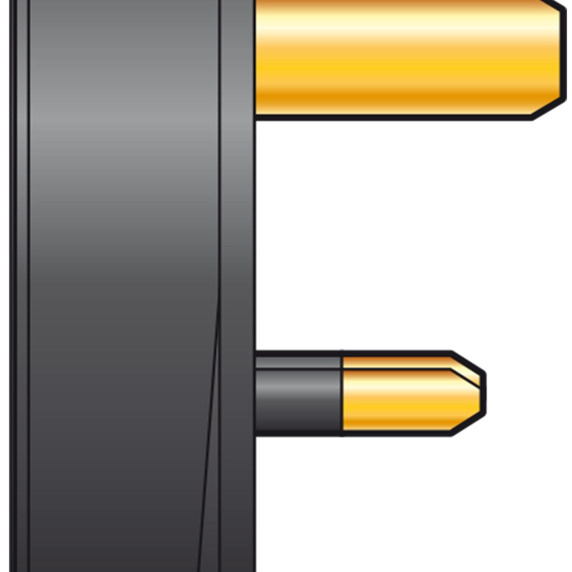 Close-up of the AVSL Mercury UK mains plug showing shrouded brass live and neutral pins emerging from the black thermoplastic casing.