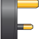 Close-up of the AVSL Mercury UK mains plug showing shrouded brass live and neutral pins emerging from the black thermoplastic casing.