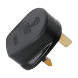 Mercury UK 3-pin mains plug in black thermoplastic with 5A fuse and brass pins, shown against a plain white background.