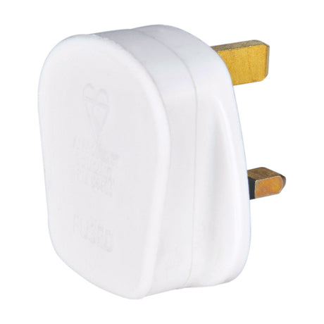 Mercury UK 5A fused mains plug in white thermoplastic with brass three-pin BS1363 layout, shown on a plain white background.