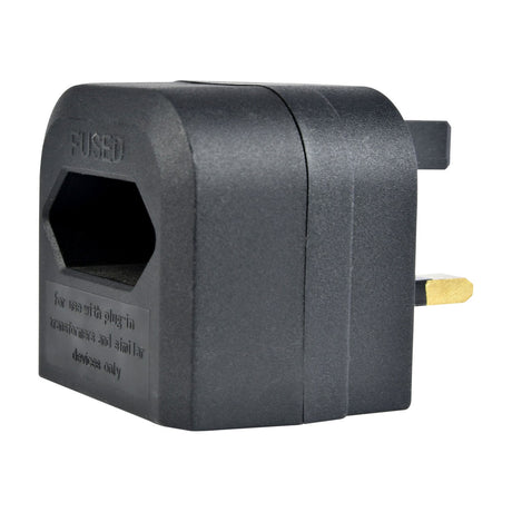 Mercury BCA Euro Converter Plug in black with hexagonal 2-pin Europlug aperture marked FUSED and UK 3-pin output, shown on a white background.
