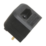 Mercury BCA black euro converter plug with UK 3-pin base, hexagonal 2-pin Europlug socket aperture, and FUSED marking, shown on a white background.