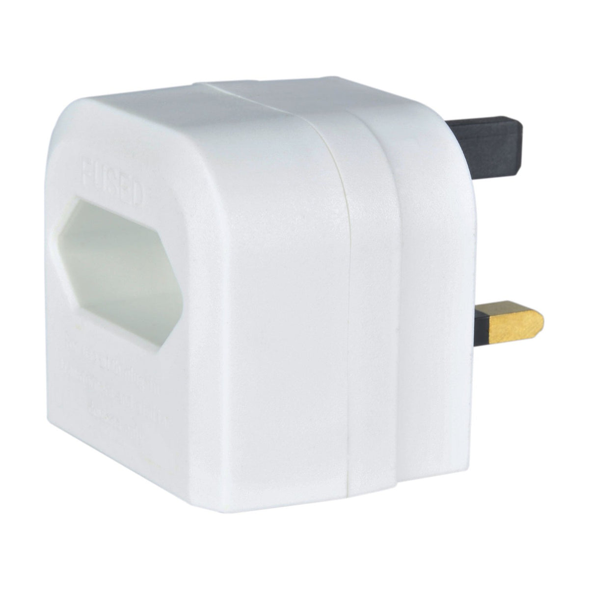 Mercury BCA Euro Converter Plug in white thermoplastic with UK 3-pin BS1363 fittings, 3A fuse and hexagonal 2-pin Euro socket, on a plain background.