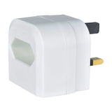 Mercury BCA Euro Converter Plug in white thermoplastic with UK 3-pin BS1363 fittings, 3A fuse and hexagonal 2-pin Euro socket, on a plain background.