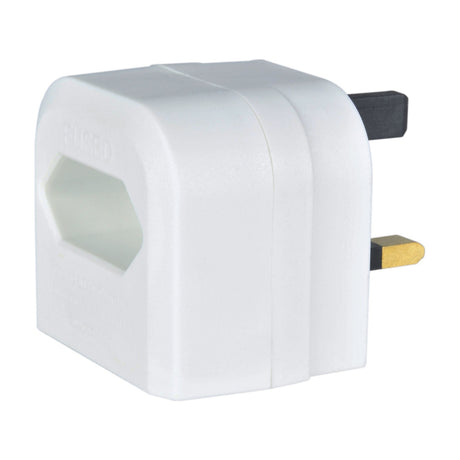 Mercury BCA Euro Converter Plug in white thermoplastic with UK 3-pin BS1363 fittings, 3A fuse and hexagonal 2-pin Euro socket, on a plain background.