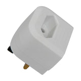 Mercury BCA white thermoplastic Euro to UK converter plug with 3A fuse and hexagonal 2-pin socket recess, shown from above on a white background.