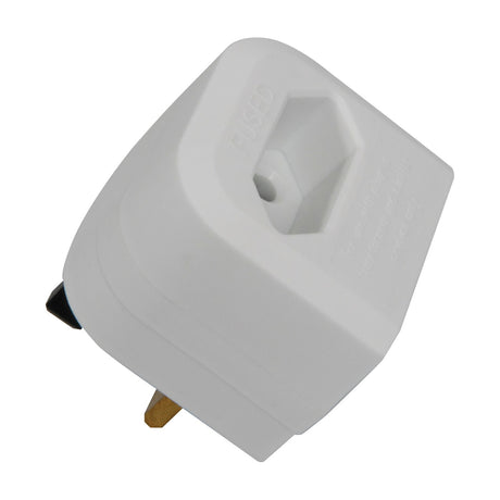Mercury BCA white thermoplastic Euro to UK converter plug with 3A fuse and hexagonal 2-pin socket recess, shown from above on a white background.
