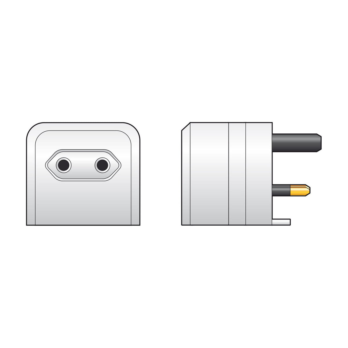 Mercury BCA Euro converter plug in white shown from the front with two-pin Euro socket and from the side with UK three-pin fittings.