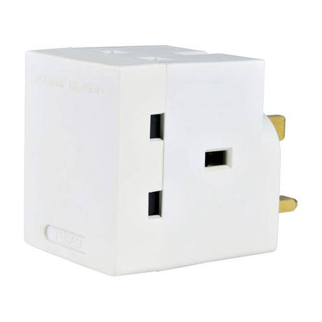 Mercury 3 Way UK Mains Adaptor in white moulded plastic with three 13A sockets and integrated fused UK plug pins, shown on a plain background.