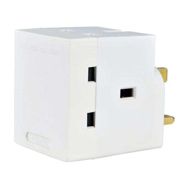 Mercury 3 Way UK Mains Adaptor in white moulded plastic with three 13A sockets and integrated fused UK plug pins, shown on a plain background.