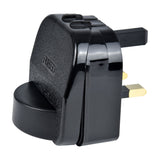 Mercury SCP euro to UK converter plug in black with UK 3-pin fittings, fused 13A label, and recessed 2-pin European socket, shown on a white background.