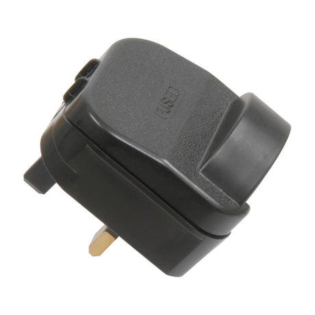 Mercury SCP Euro to UK converter plug in black with 13A fuse and three-pin UK base, shown at an angle on a plain white background.