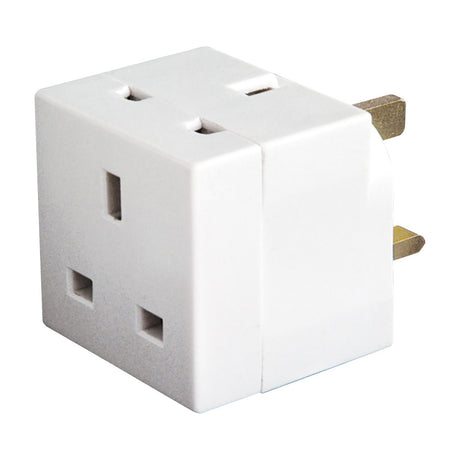 Mercury 2 way UK mains adaptor in white, with two perpendicular 13A sockets and brass 3-pin plug, shown on a plain white background.