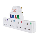 Mercury switched 4-way white mains adaptor with UK sockets and purple, blue, red, and green rocker switches, on a white background.