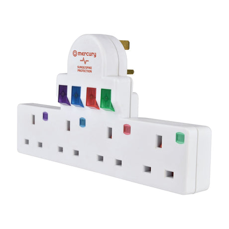 Mercury switched 4-way white mains adaptor with UK sockets and purple, blue, red, and green rocker switches, on a white background.