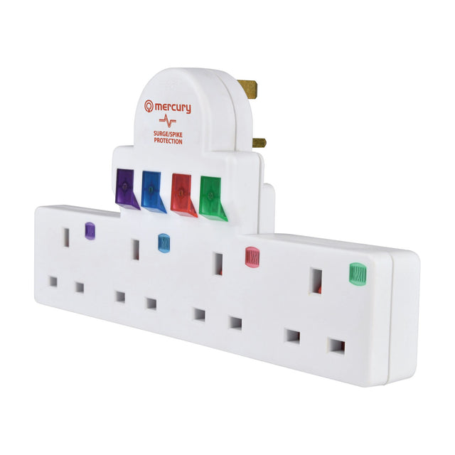 Mercury switched 4-way white mains adaptor with UK sockets and purple, blue, red, and green rocker switches, on a white background.
