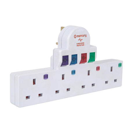 Mercury Switched 4-Way White Mains Adaptor with purple, blue, red, and green rocker switches and surge protection label, on a plain background.