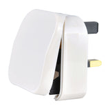 Mercury European to UK converter plug in white with hinged casing, 5A fuse and three-pin UK output, shown against a plain white background.