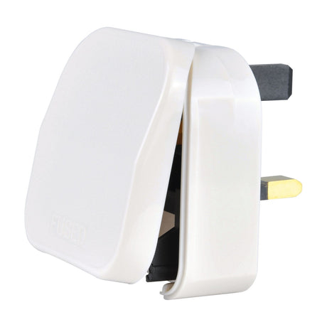 Mercury European to UK converter plug in white with hinged casing, 5A fuse and three-pin UK output, shown against a plain white background.