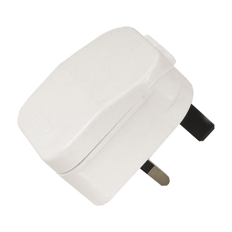 Mercury European to UK converter plug in white plastic with hinged casing and 5A fuse, shown against a plain white background.