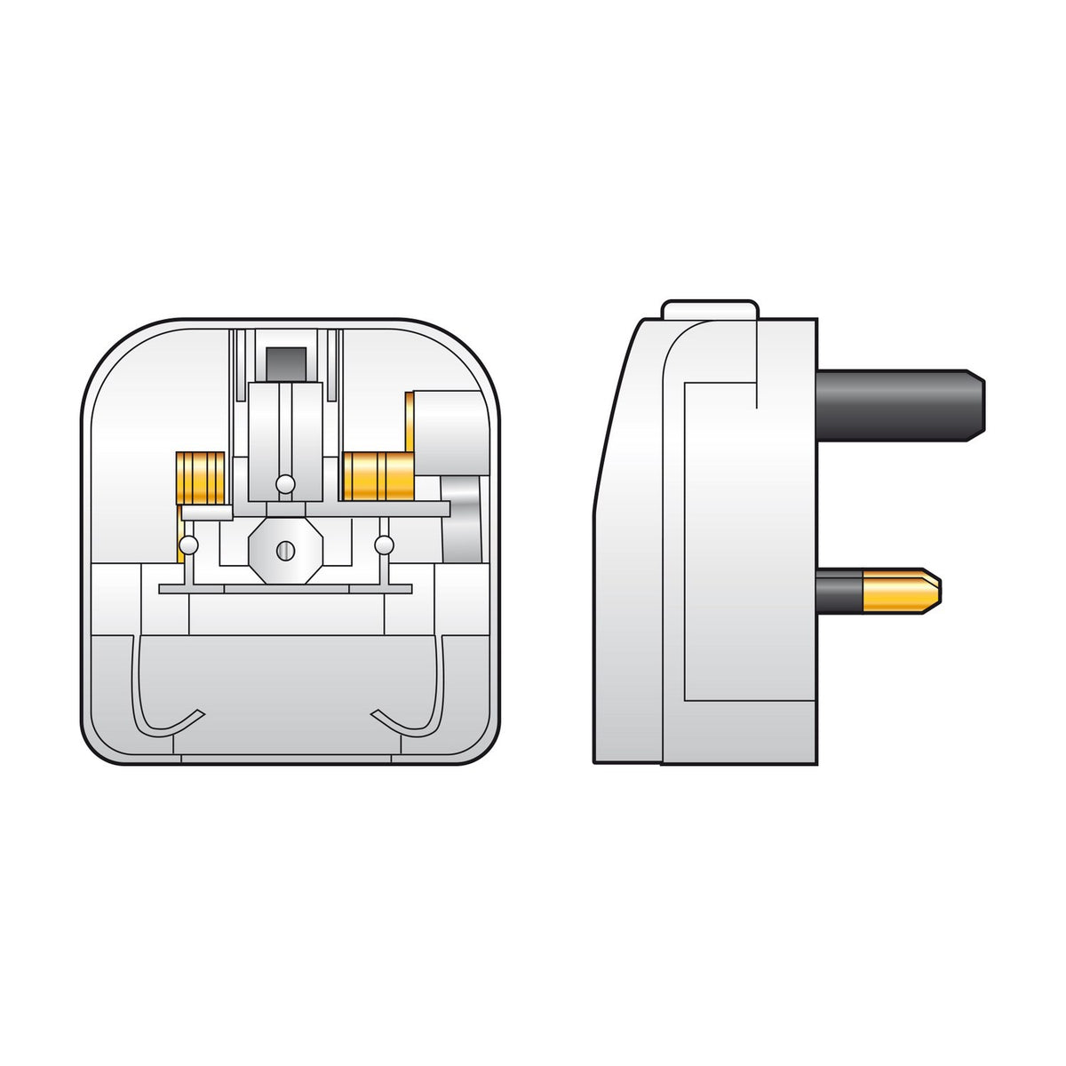 Mercury European converter plug in white plastic with 5A fuse, shown in front cutaway view and side profile with UK 3-pin prongs on a plain background.