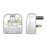 Mercury European converter plug in white plastic with 5A fuse, shown in front cutaway view and side profile with UK 3-pin prongs on a plain background.
