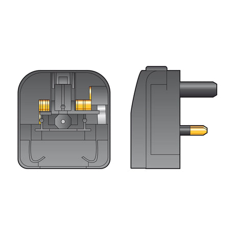 Mercury European converter plug in black with internal cutaway view and side profile showing UK 3-pin layout and 5A fuse on a white background.