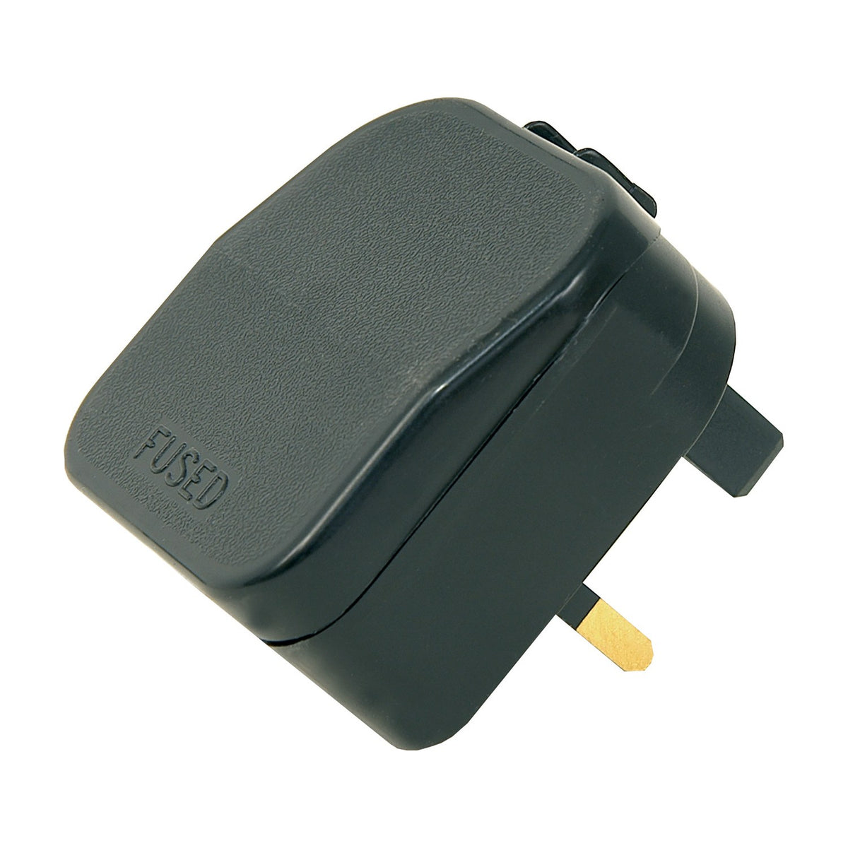 Mercury European converter plug in black with UK 3-pin layout and integrated 5A fuse carrier marked FUSED, shown on a plain white background.