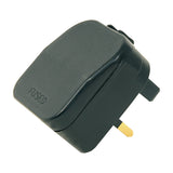 Mercury European converter plug in black with UK 3-pin layout and integrated 5A fuse carrier marked FUSED, shown on a plain white background.
