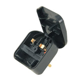 Mercury European converter plug in black, shown open to reveal the hinged fuse carrier, 5A cartridge fuse housing, and UK 3-pin base.